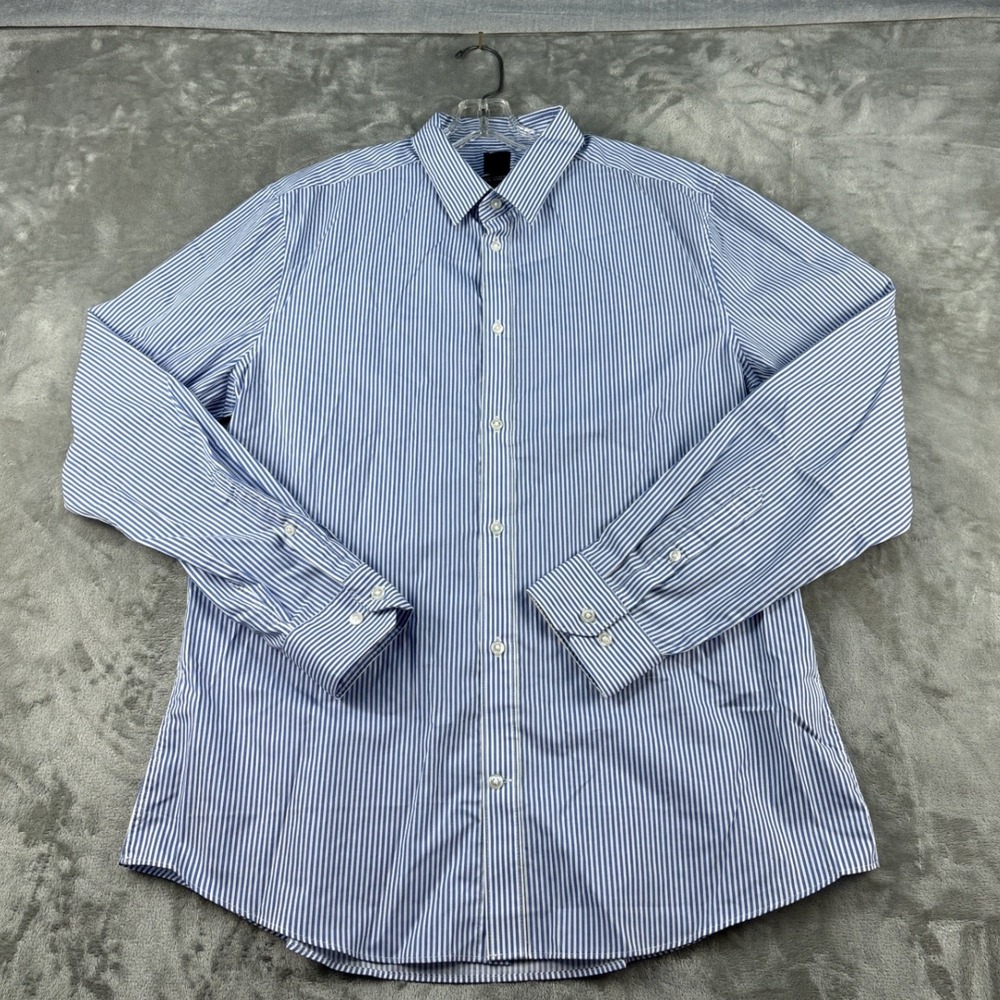 H&M Button-Down Shirt Mens XL Slim Fit Blue White Striped Easy Iron EUC